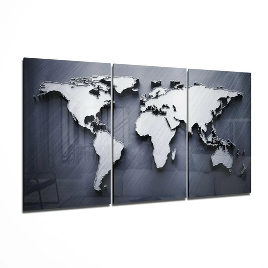 Stunning Silver World Map Wall Art in Three Panels | Insigneart USA | vintageantiquesgifts.com