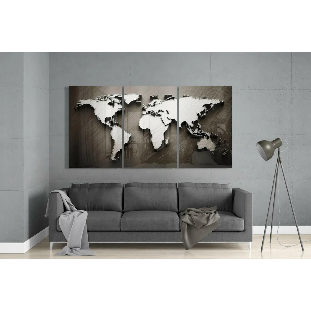 Stunning Silver World Map Wall Art Three Panel Metal Design | Modern Wall Art Decor | vintageantiquesgifts.com