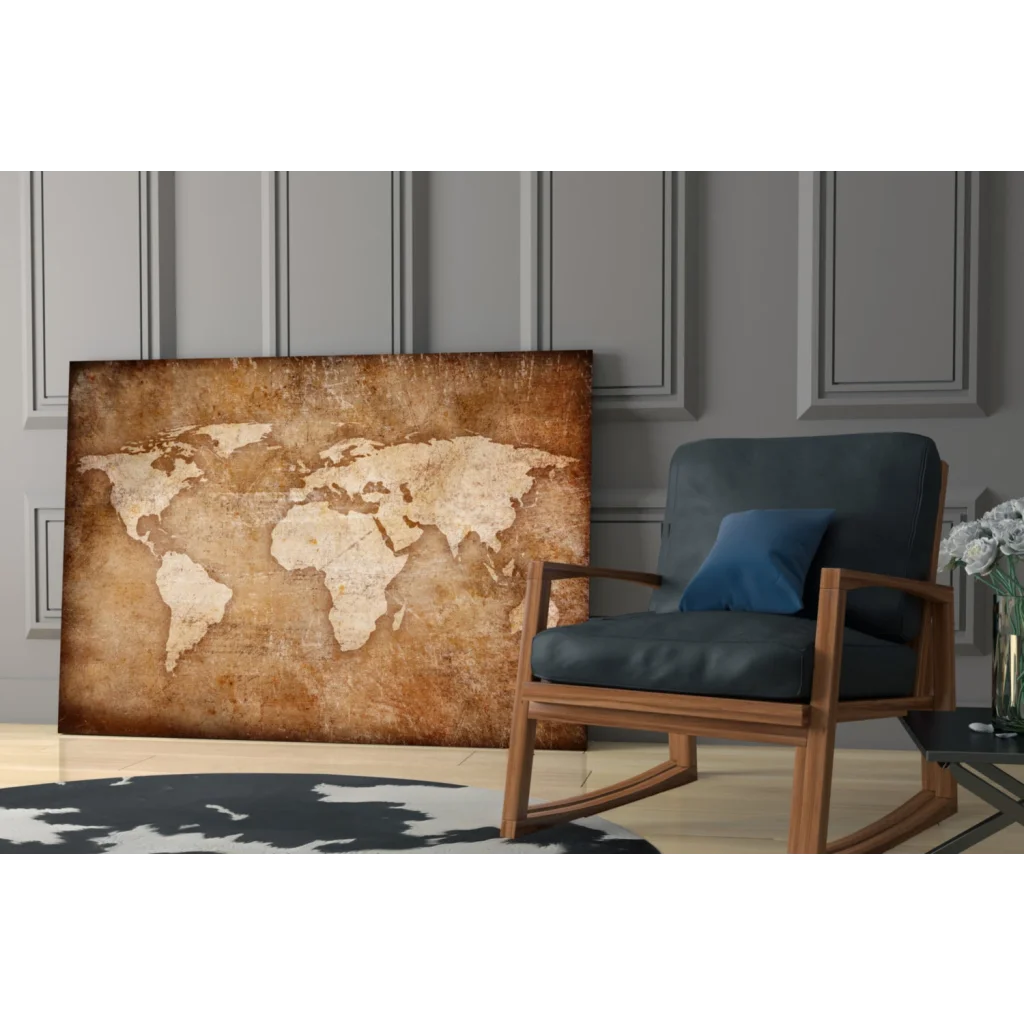 Vintage sepia world map canvas wall art with distressed finish