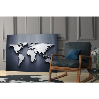 Stunning silver 3D world map glass wall art on dark gray background