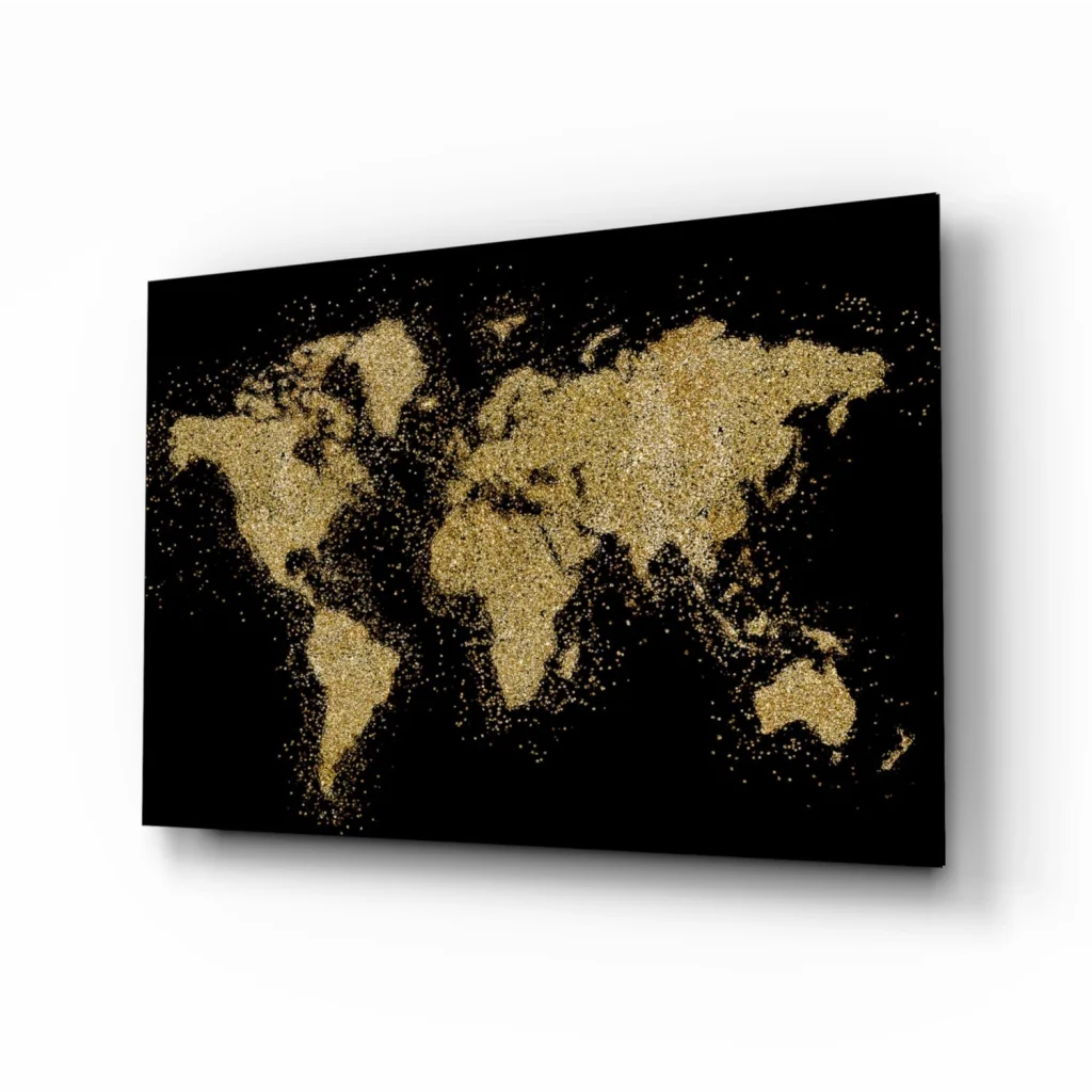 Stunning gold glitter world map wall art on black canvas