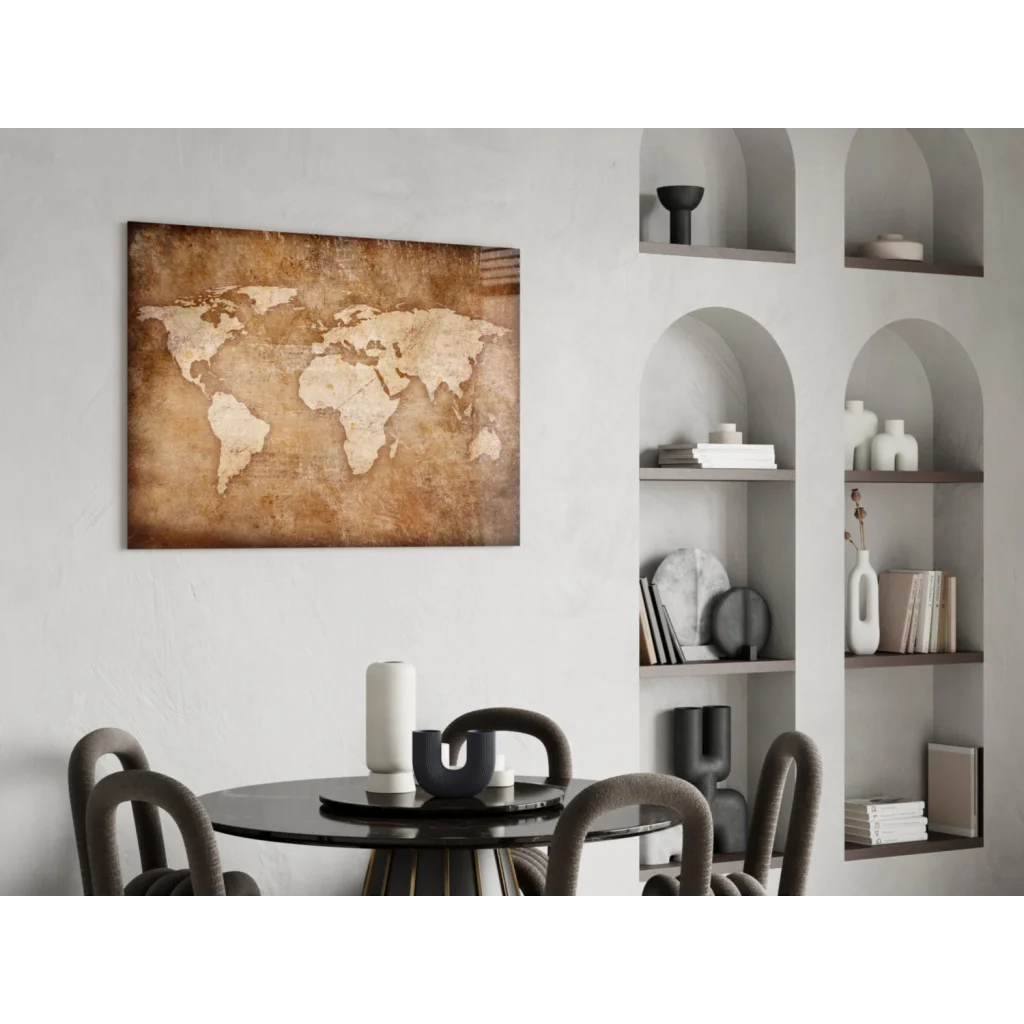 Rustic sepia world map wall art canvas with distressed finish