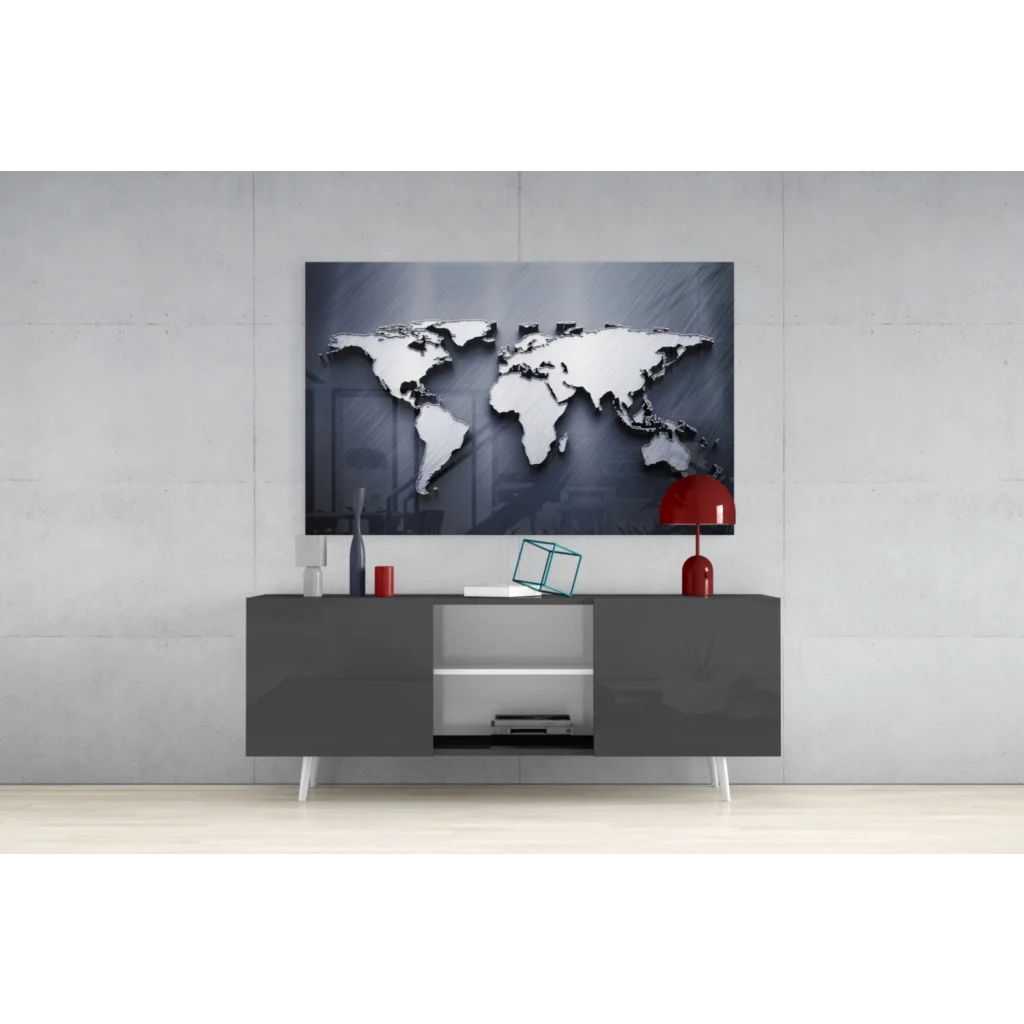 Sleek silver 3D world map glass wall art on dark gray background