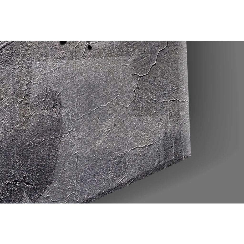 Gray textured glass wall art with rough cracked surface and world map design