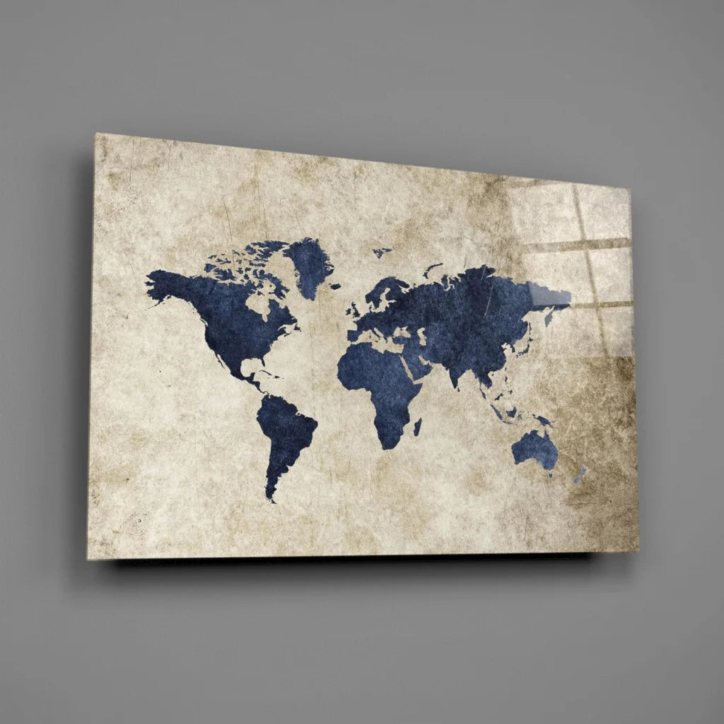 Vintage Navy Blue World Map Canvas Wall Art | Glass Wall Art Print | vintageantiquesgifts.com