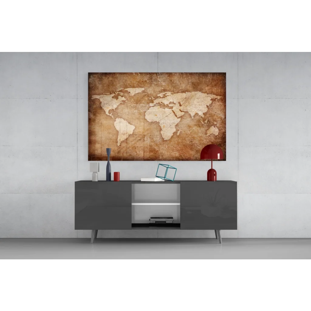 Vintage sepia world map canvas wall art with distressed parchment finish