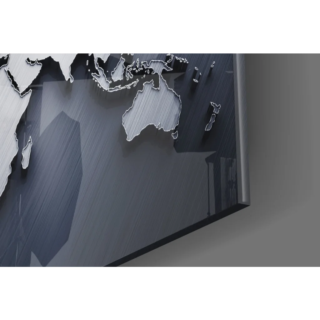 Stunning silver 3D glass wall art with brushed metal world map