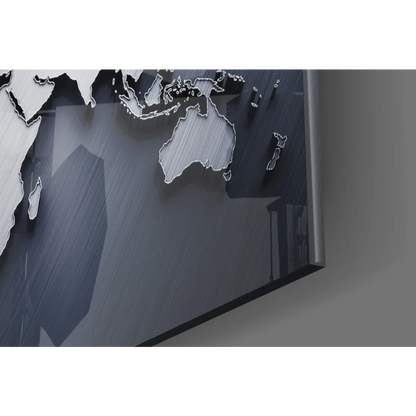 Stunning silver 3D glass wall art with brushed metal world map