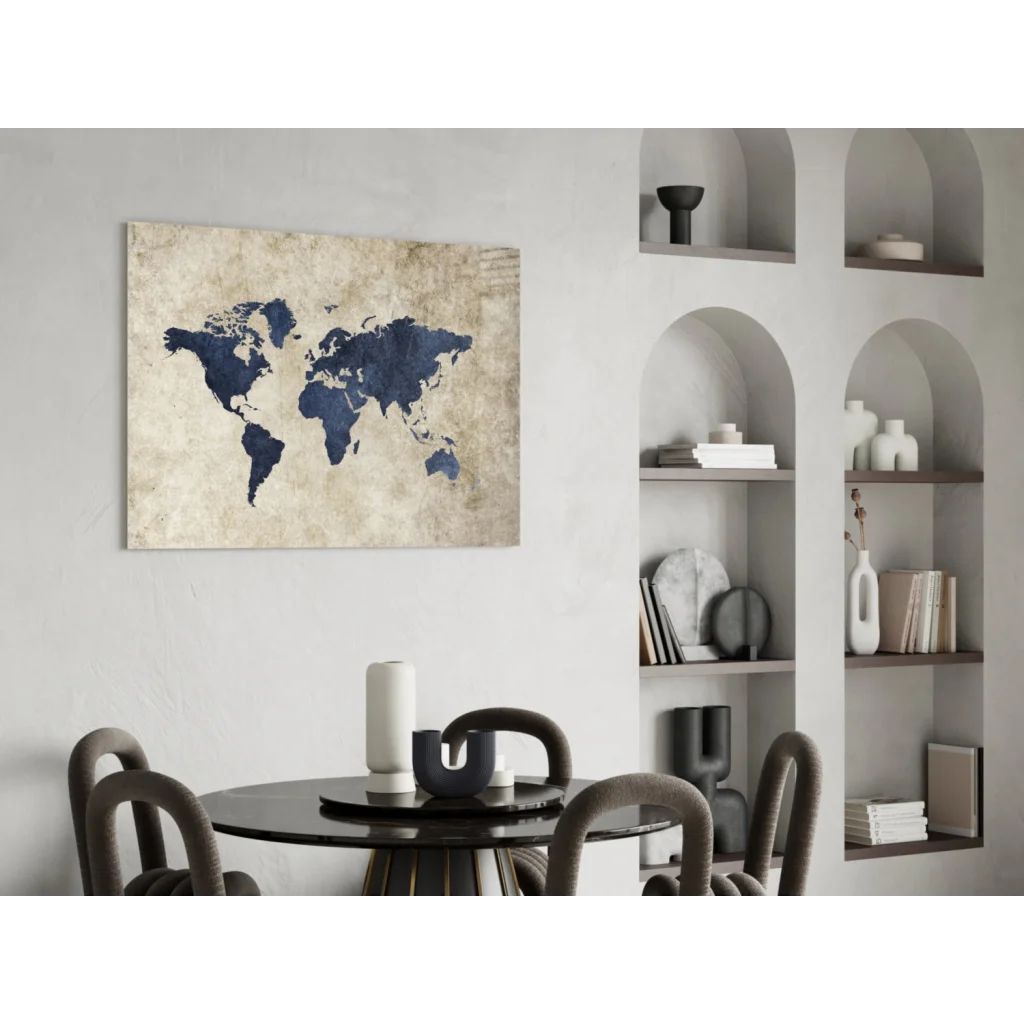 Vintage navy blue world map canvas wall art in beige textured style