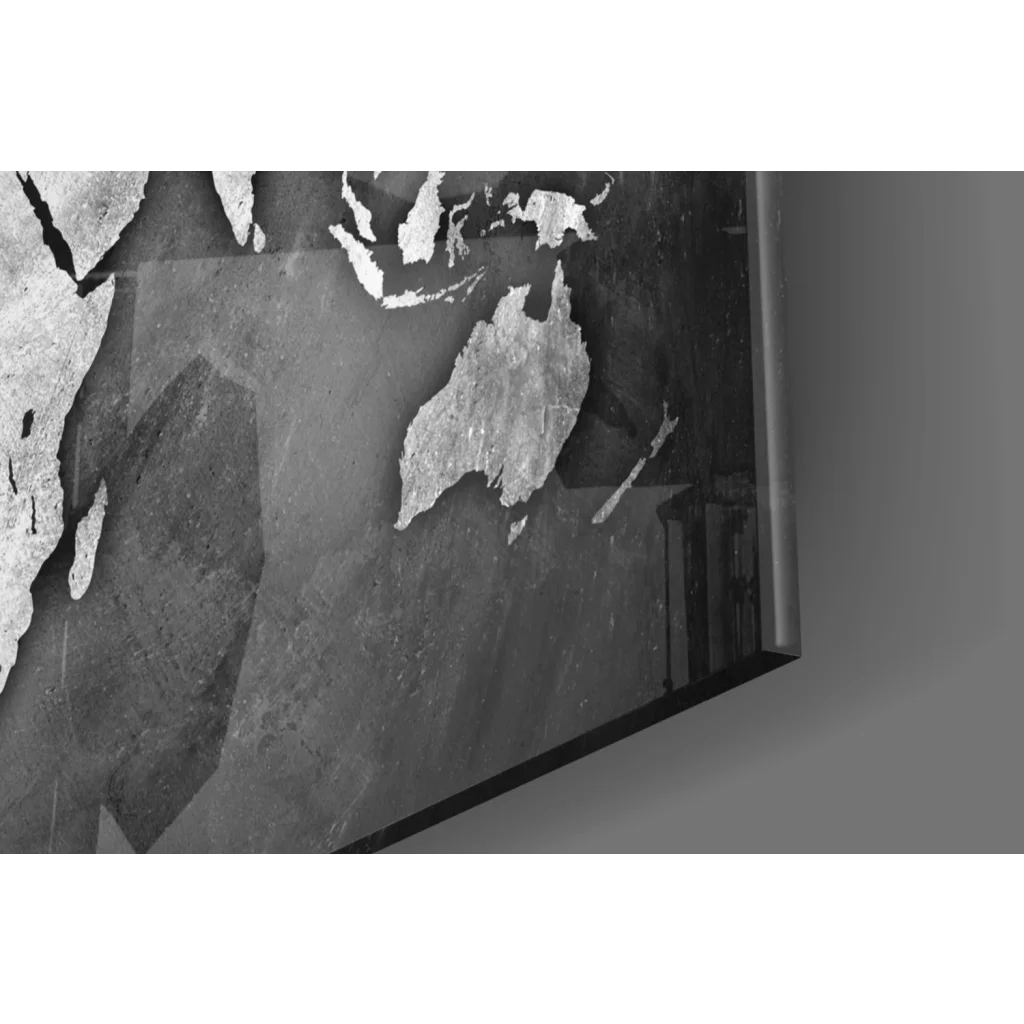 Distressed metallic silver world map glass wall art with cracked texture