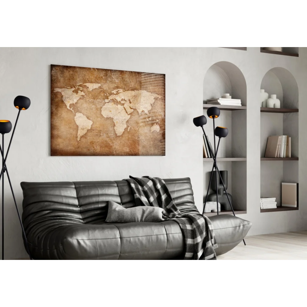Vintage sepia world map wall art canvas with distressed finish