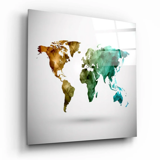 Geometric World Map Glass Wall Art in Teal and Gold | Insigneart USA | vintageantiquesgifts.com