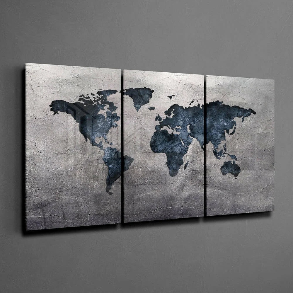 Stunning silver textured world map wall art in navy, three-panel canvas