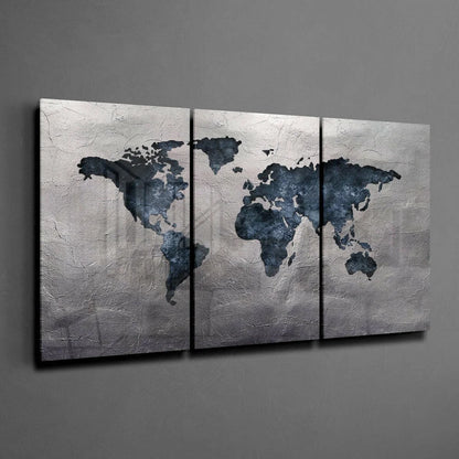 Stunning silver textured world map wall art in navy, three-panel canvas
