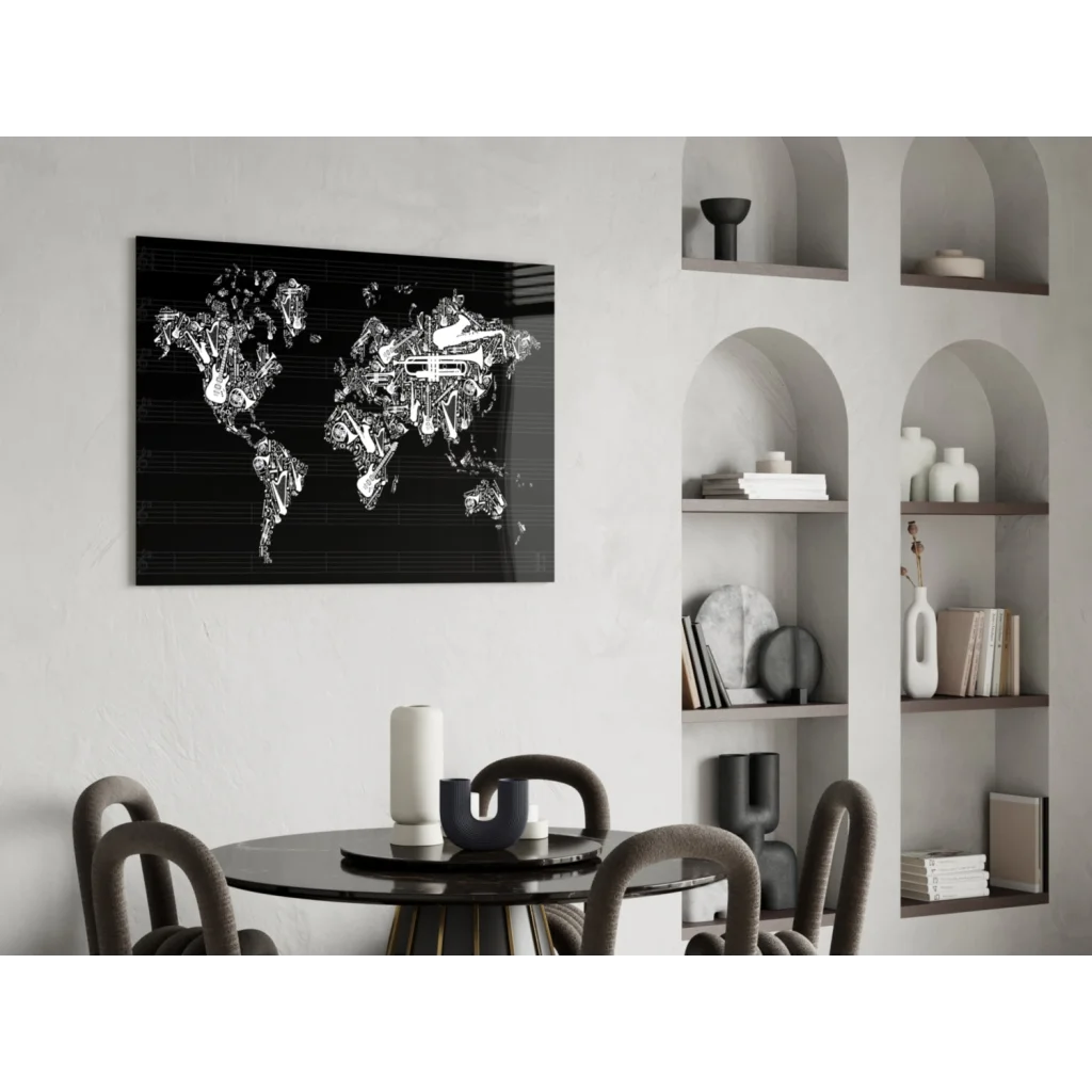 Black and white world map wall art with sneaker silhouettes