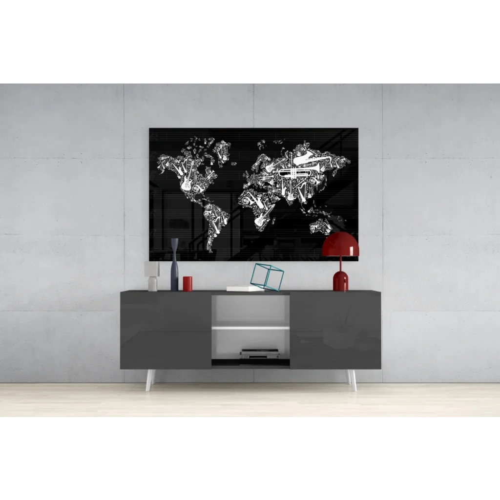 Black and white musical instruments world map wall art