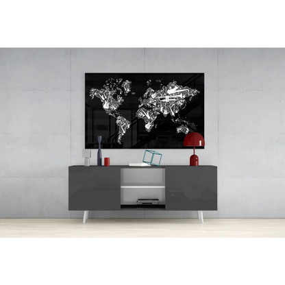 Black and white musical instruments world map wall art