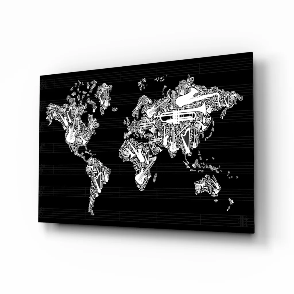 Black and white musical instruments world map wall art on canvas