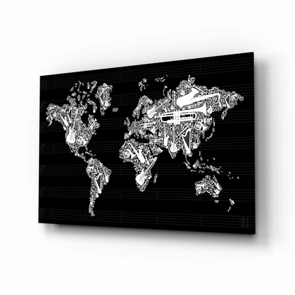 Black and white musical instruments world map wall art on canvas