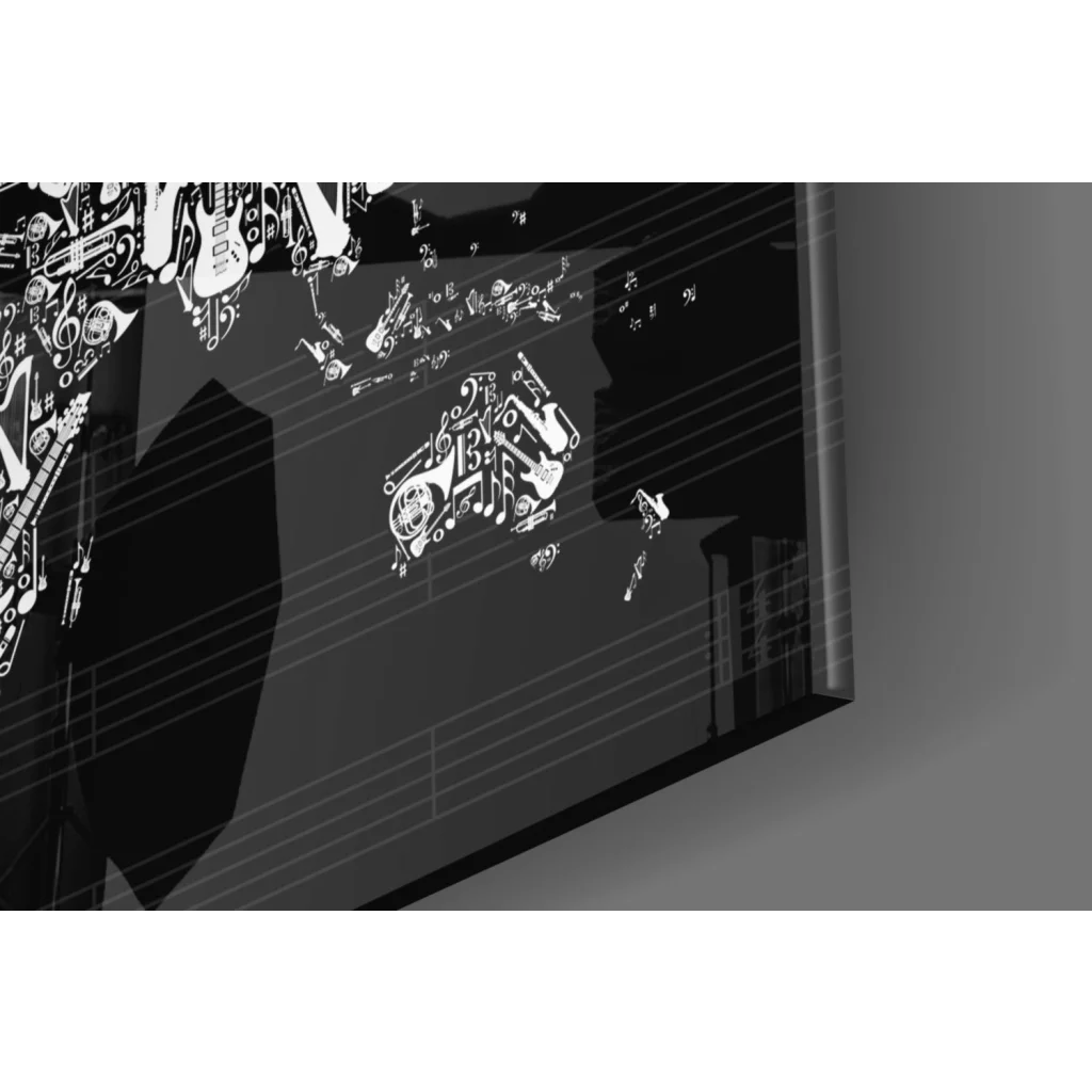 Black and white canvas wall art with musician silhouette and instruments map