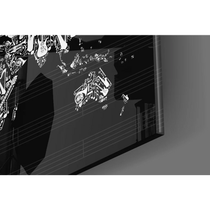 Black and white canvas wall art with musician silhouette and instruments map