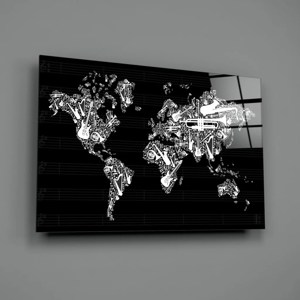 Black and white musical instruments world map wall art canvas