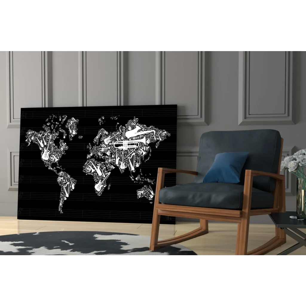 Black and white musical instruments world map wall art canvas print