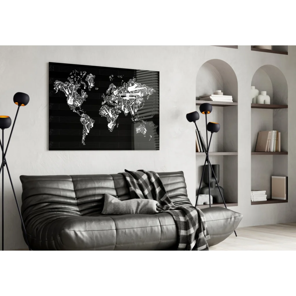 Black and white world map wall art with mechanical engine designs