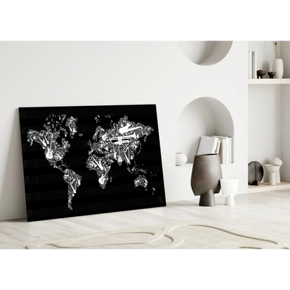 Black and white musical instruments world map wall art canvas
