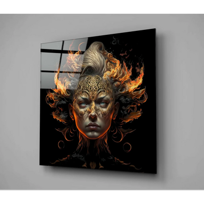 Fiery Golden Goddess Glass Wall Art with Orange Flames | Glass Wall Art Print | vintageantiquesgifts.com