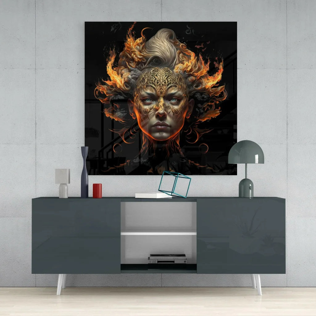 Fiery Golden Goddess Glass Wall Art with Orange Flames | Contemporary Home Wall Art | vintageantiquesgifts.com