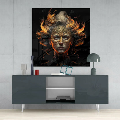 Fiery Golden Goddess Glass Wall Art with Orange Flames | Contemporary Home Wall Art | vintageantiquesgifts.com