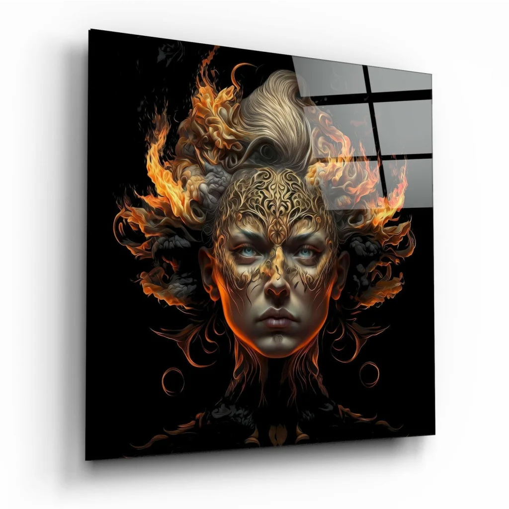 Fiery Golden Goddess Glass Wall Art with Orange Flames | Insigneart USA | vintageantiquesgifts.com