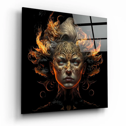 Fiery Golden Goddess Glass Wall Art with Orange Flames | Insigneart USA | vintageantiquesgifts.com