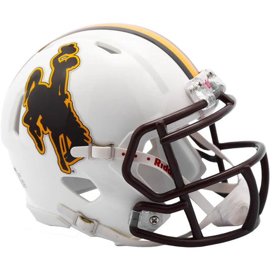 White Riddell Speed Mini Wyoming Cowboys helmet with gold black logo