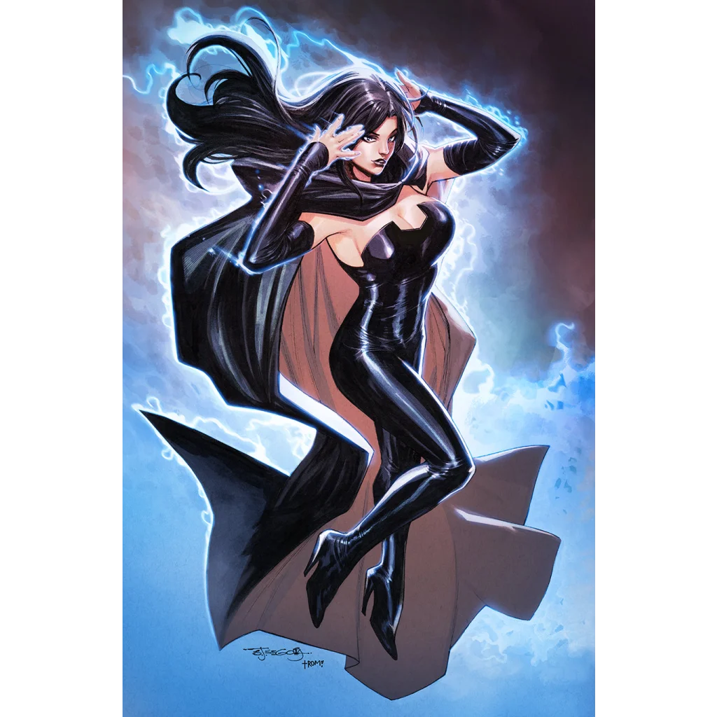 Comic book-style dark-haired woman in black outfit with flowing cape and blue lightning