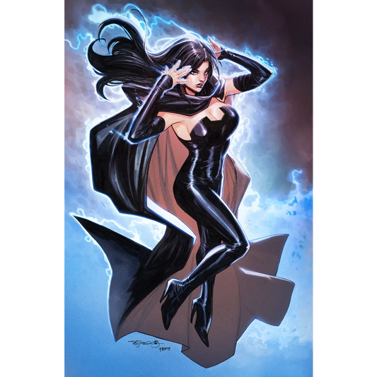 Comic book-style dark-haired woman in black outfit with flowing cape and blue lightning