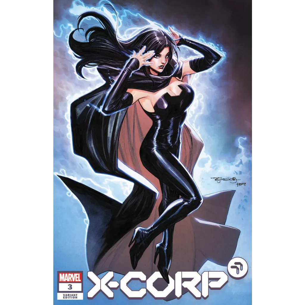 Comic book with female superhero in black costume and cape from X-CORP #3 Marvel series