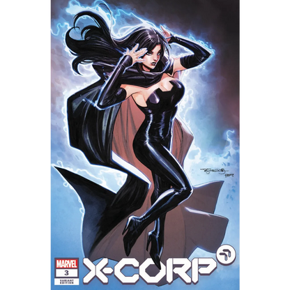 Comic book with female superhero in black costume and cape from X-CORP #3 Marvel series