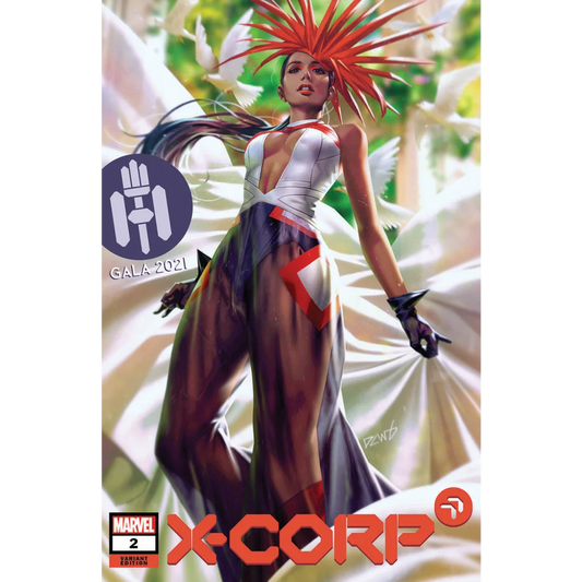 Comic book cover with a woman sporting spiky red hair in a white and brown outfit