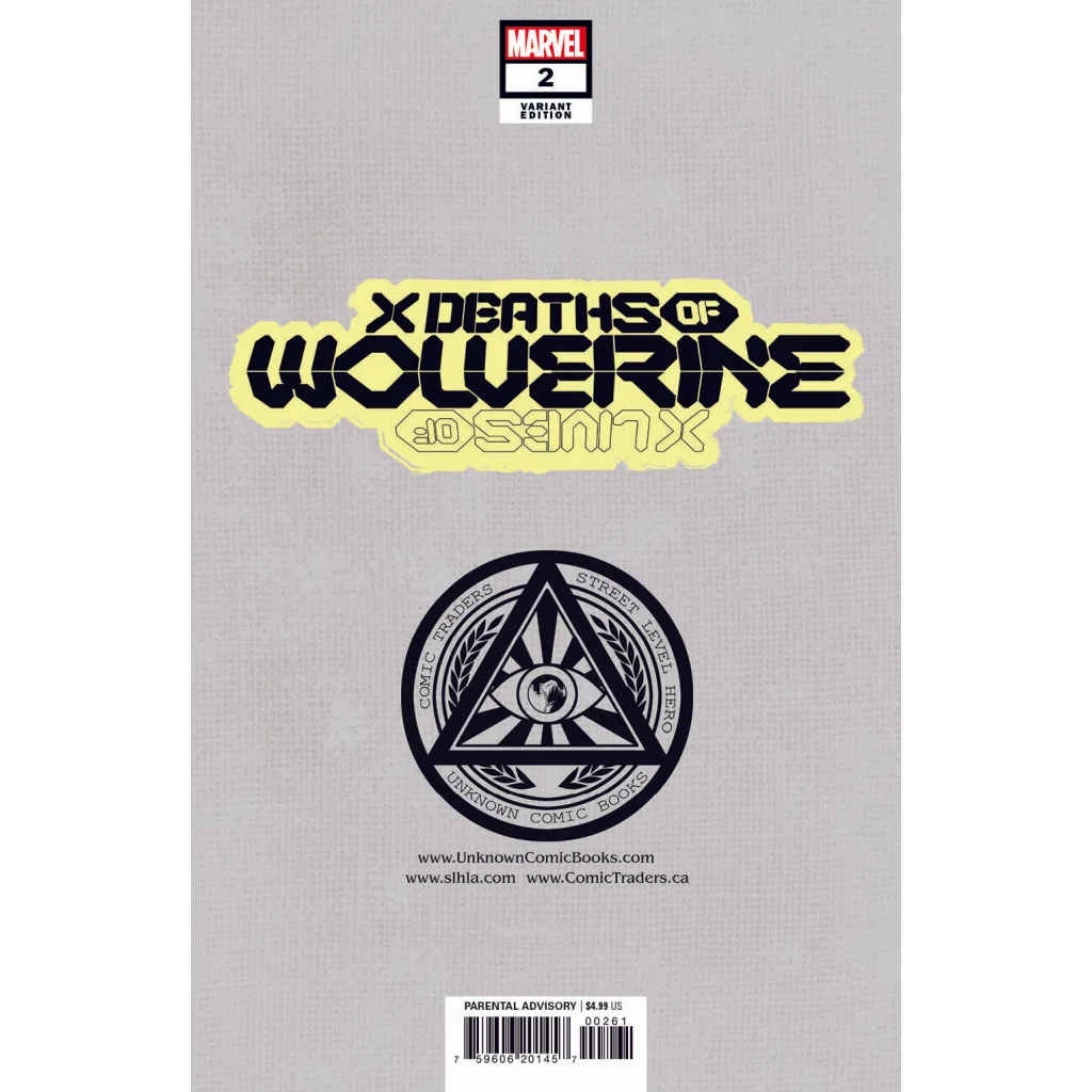 Comic book with light grey cover, X Deaths of Wolverine logo, and black and white emblem