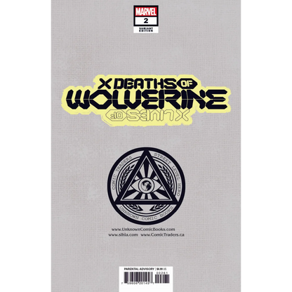 Comic book with light grey cover, X Deaths of Wolverine logo, and black and white emblem
