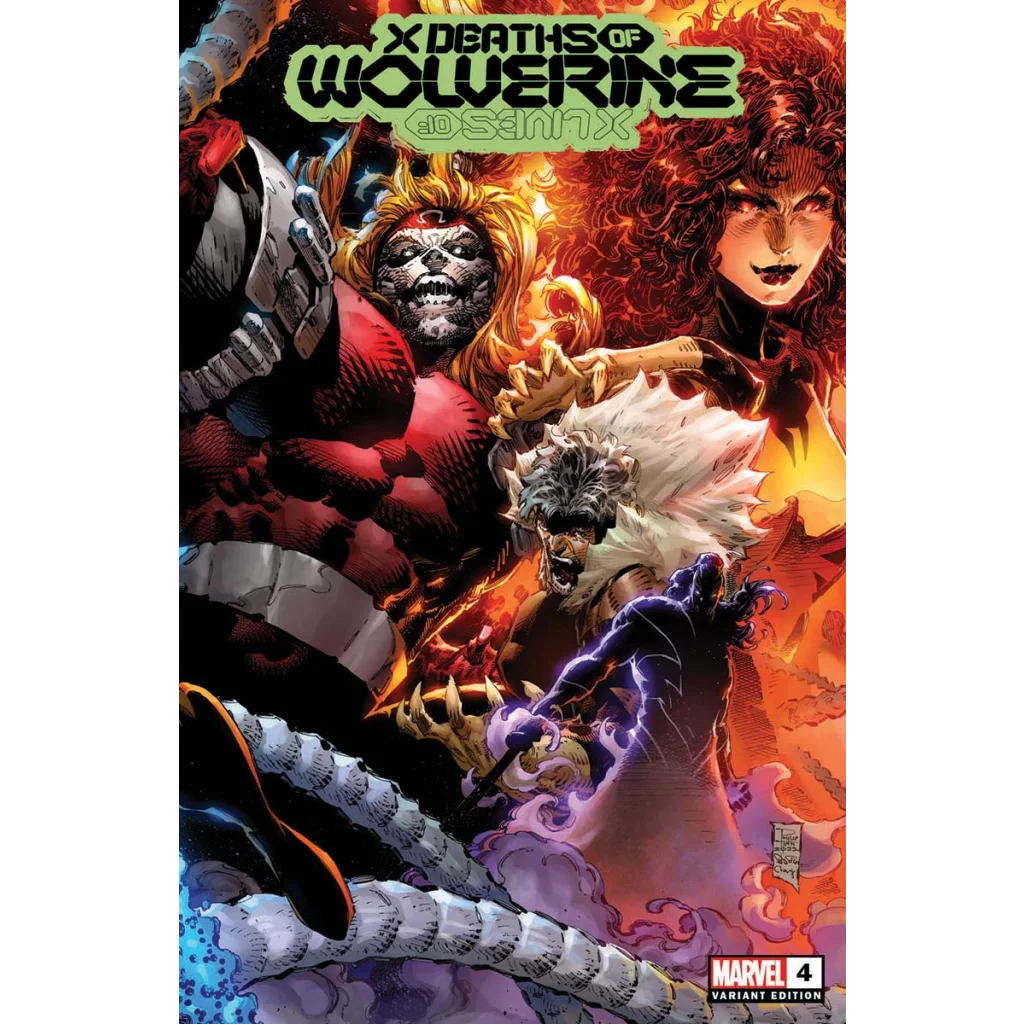 Comic book cover showing powerful characters in a fiery battle scene from X Deaths of Wolverine Issue 4