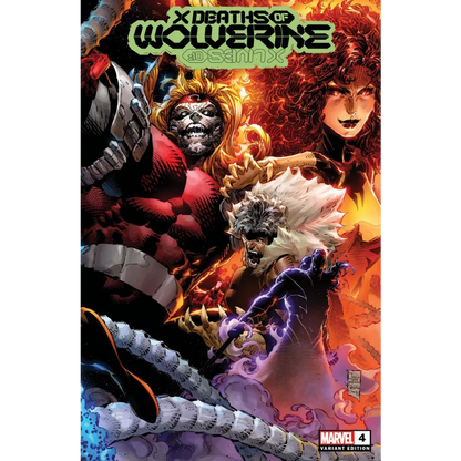 Comic book cover showing powerful characters in a fiery battle scene from X Deaths of Wolverine Issue 4