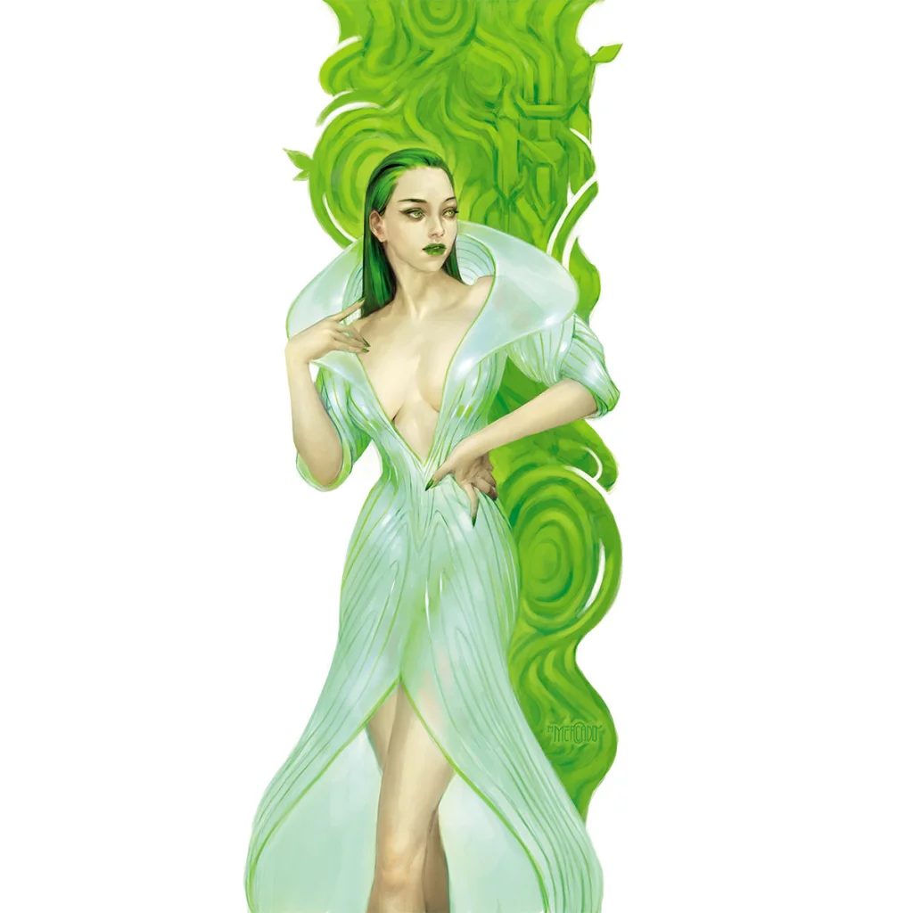 Woman in light green flowing dress with deep V-neck and high collar for X Factor #10 Gala