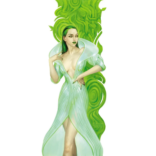 Woman in light green flowing dress with deep V-neck and high collar for X Factor #10 Gala