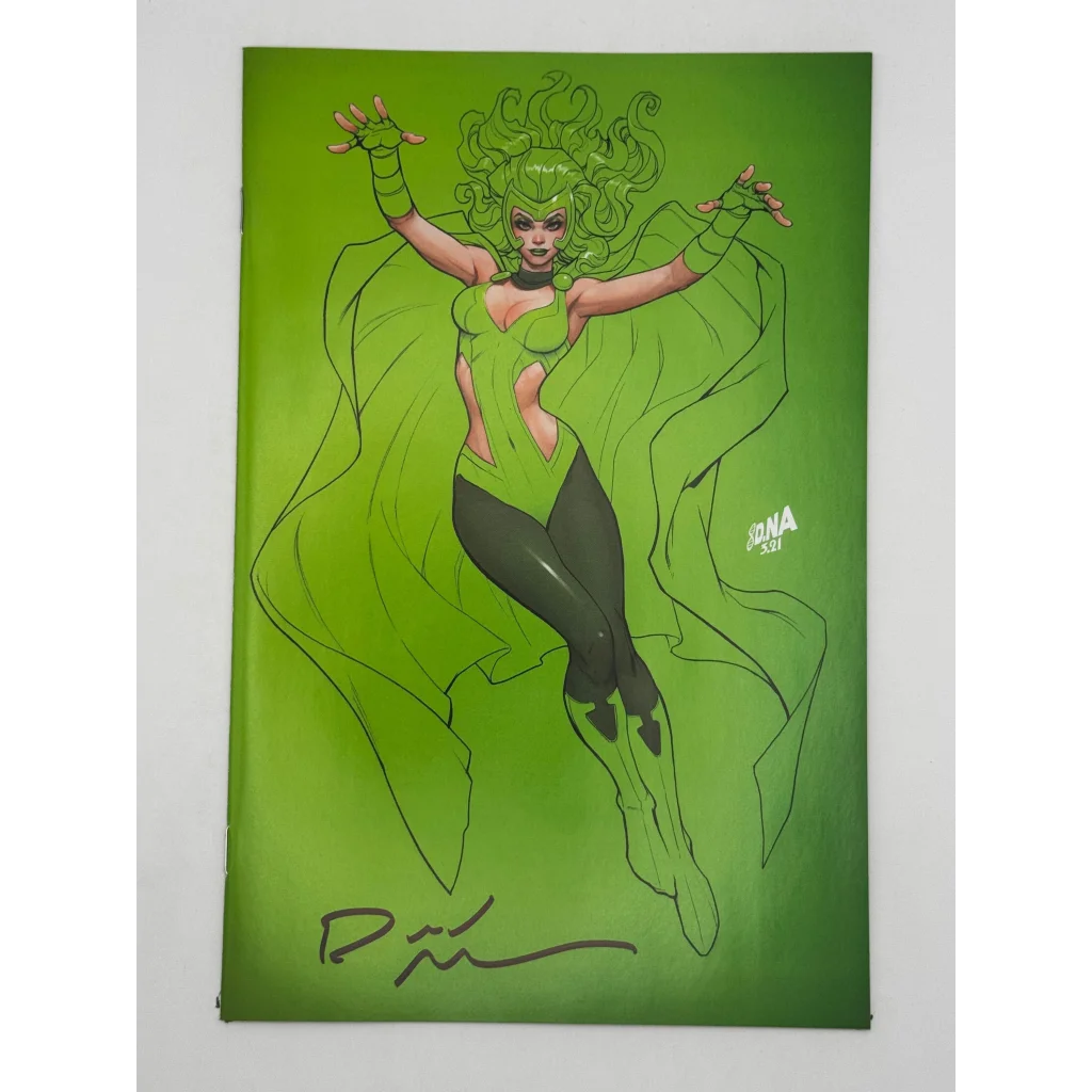 Comic book cover with woman in green costume and cape by David Nakayama