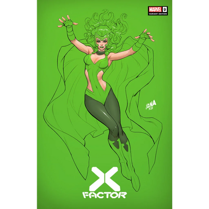 Comic book featuring green female hero with flowing hair and cape by David Nakayama