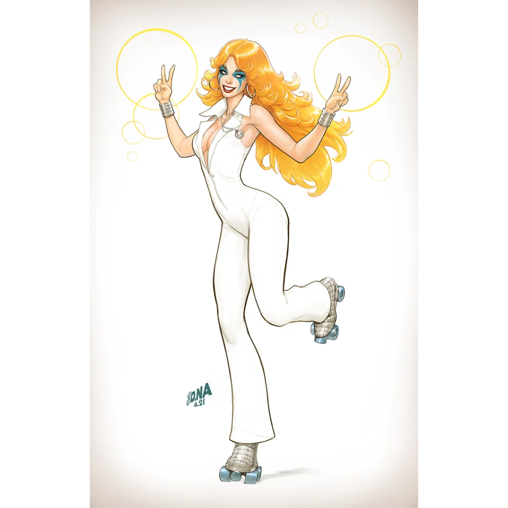 Woman in white jumpsuit and roller skates inspired by David Nakayama’s Marvel Comic art