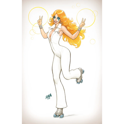Woman in white jumpsuit and roller skates inspired by David Nakayama’s Marvel Comic art